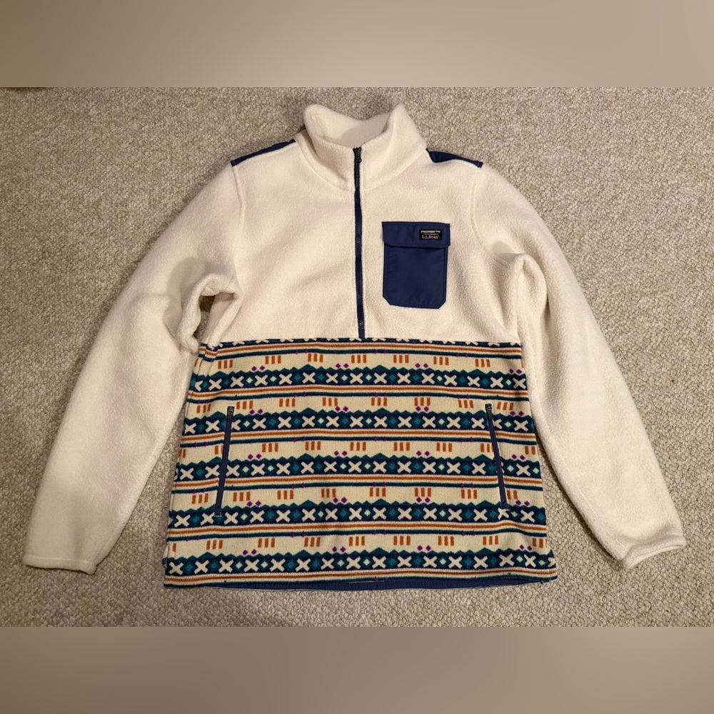 L.L.Bean Aztec Half Zip Fleece Pullover Women’s Medium Cream Blue Cozy Cabin